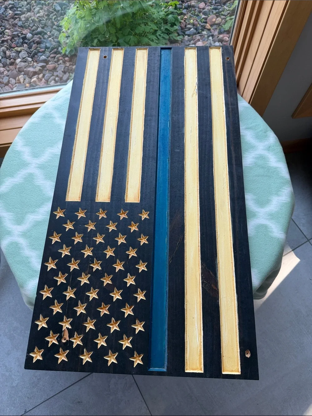 Handcrafted Thin Blue Line American Flag Wooden Wall Plaque — Black, Gold & Blue